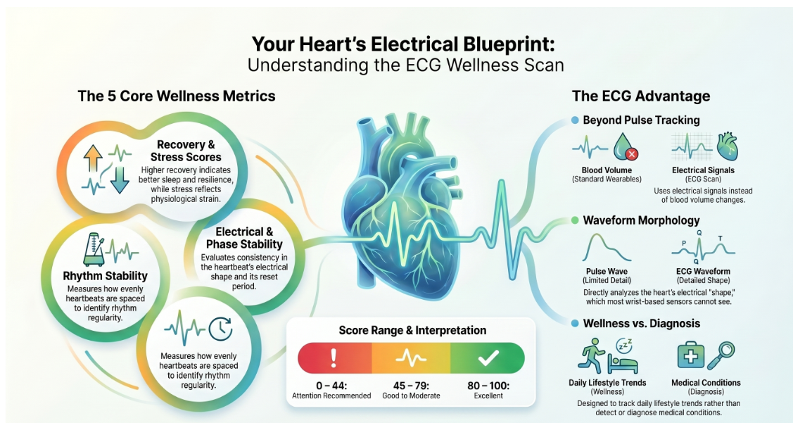 Infographic explaining the five core ECG wellness metrics, the ECG advantage over wrist-based sensors, and the wellness score range from 0 to 100.